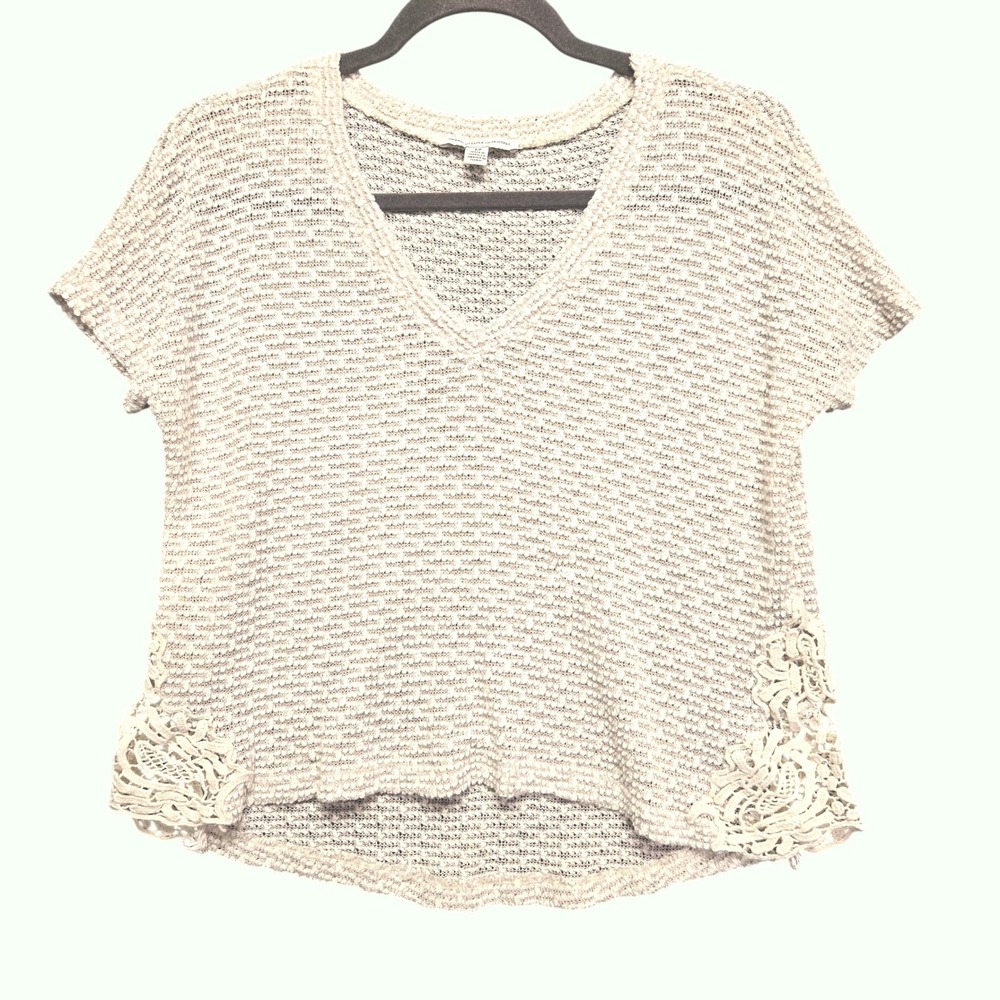 Beachy Summer Festival American Eagle Crochet Lace Trim Knit V-Neck Top Beige S